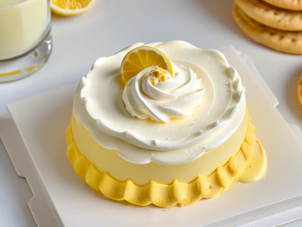  A closeup, ultradetailed image of a perfectly piped swirl of glossy Italian meringue on top of a delicate and goldenbrown Sablé breton cookie, with a dollop of zesty lemon cream elegantly placed on the side. The meringue has soft peaks and a slightly toasted finish, while the cookie showcases a crumbly texture and a subtle sprinkle of lemon zest on top. The image is captured from a slightly elevated angle, highlighting the intricate textures and contrasting colors of the components. hyperrealistic, full body, detailed clothing, highly detailed, cinematic lighting, stunningly beautiful, intricate, sharp focus, f/1. 8, 85mm, (centered image composition), (professionally color graded), ((bright soft diffused light)), volumetric fog, trending on instagram, trending on tumblr, HDR 4K, 8K