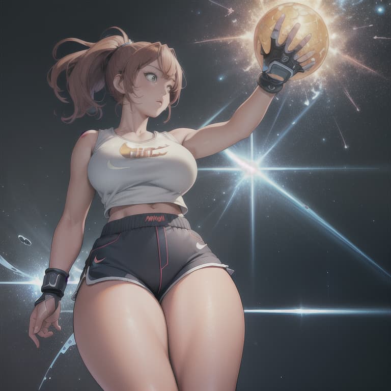  (8K, high resolution), (masterpiece, best quality:1.2), highres, perfect anatomy, anime with a big and big wearing nike short shorts,light particles, soft lighting, volumetric lighting, intricate details, finely detailed
