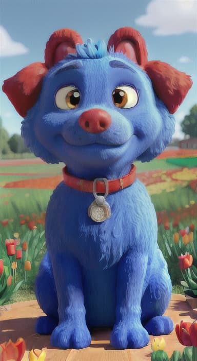  {The red ball nestled in a bed of colorful flowers like daisies and tulips, The big blue dog is large with sky blue fur, big round eyes, a black nose, and floppy ears.