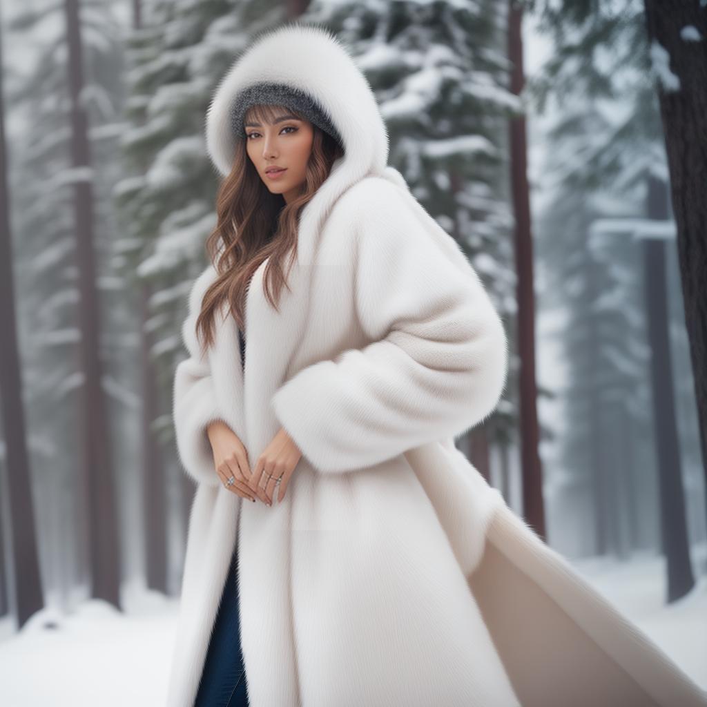  A beautiful young woman with brown hair, wearing a white fur blanket, being comfortable in the snow hyperrealistic, full body, detailed clothing, highly detailed, cinematic lighting, stunningly beautiful, intricate, sharp focus, f/1. 8, 85mm, (centered image composition), (professionally color graded), ((bright soft diffused light)), volumetric fog, trending on instagram, trending on tumblr, HDR 4K, 8K