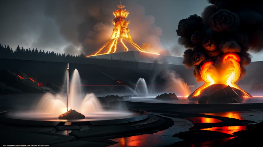  On the left, in the infernal flame, stands a flagpole with the growing Soviet flag, and on the right, a lava fountain emerges. hyperrealistic, full body, detailed clothing, highly detailed, cinematic lighting, stunningly beautiful, intricate, sharp focus, f/1. 8, 85mm, (centered image composition), (professionally color graded), ((bright soft diffused light)), volumetric fog, trending on instagram, trending on tumblr, HDR 4K, 8K