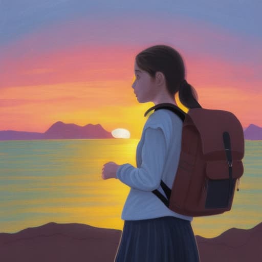  Girl with a backpack at sunset