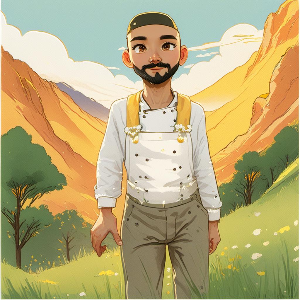  a man walking on a mountain,,a rocky mountain,,a robust, cheerful male chef with a bushy beard, wearing a traditional white chef's hat, a white shirt, and a white apron, and black trousers, white shoes. he has a confident and warm expression, exuding friendliness and strength. the character is detailed with realistic textures and a slightly fantasy inspired aesthetic.,sky blue (#87ceeb), sun yellow (#ffd700), bright white (sunlight reflection) (#ffffff), soft green (grass) (#98fb98), warm orange (sunrise/sunset accent) (#ffa07a),high quality, cartoonish, 4k, comic style, manga and manhwa style, (((painting style)))