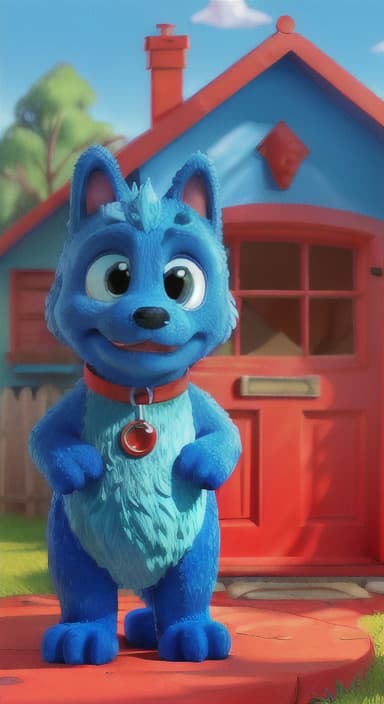  {Max the big blue dog standing in front of a cozy little house with a red door, The big blue dog is large with sky blue fur, big round eyes, a black nose, and floppy ears.