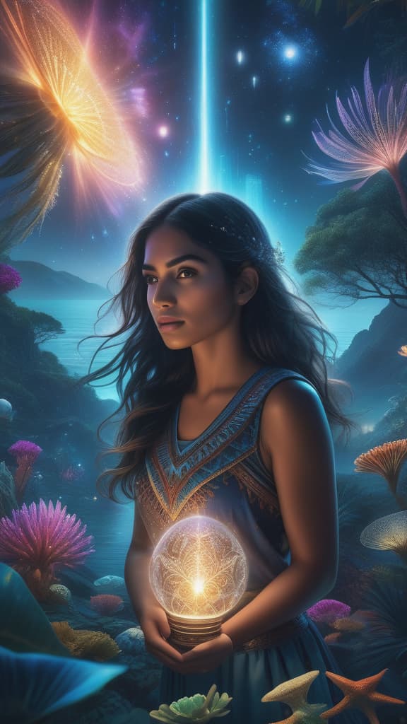  photo RAW,HD,8K, (Ultra detailed illustration of a hispanic woman lost in a magical world of wonders, glowy, incredibly detailed, night, ( add depth, Hyperdetailed,hyper realistic background:1.5), bioluminescence, ultrarealistic, hyperrealistice:  (shiny aura, highly detailed, intricate motifs, perfect composition, smooth, sharp focus, sparkling particles, background Realistic, In a captivating art piece, a whimsical virtual regal amoeba blob creature takes center stage, This vibrant  image showcases a charming and charismatic character, reminiscent of a blob-like organism. The virtual creation is brought to life with vivid colors and impeccable detailing, capturing every intricate texture and contour. radiates with energy and showc hyperrealistic, full body, detailed clothing, highly detailed, cinematic lighting, stunningly beautiful, intricate, sharp focus, f/1. 8, 85mm, (centered image composition), (professionally color graded), ((bright soft diffused light)), volumetric fog, trending on instagram, trending on tumblr, HDR 4K, 8K