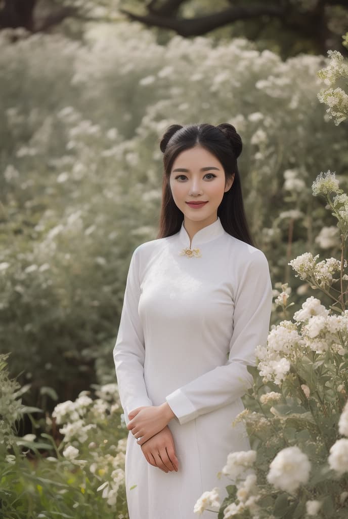  1 , tender smile, Ao Dai, bang hair, bun hair, big s, full body, photo model, ADVERTISING PHOTO,high quality, good proportion, masterpiece , The image is captured with an 8k camera and edited using the latest digital tools to produce a flawless final result.