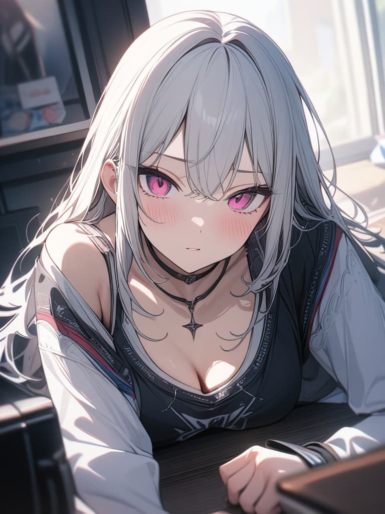  Cute, white hair, pink eyes, subcultures, jerseys, moe sleeves, masterpiece, best quality,8k,ultra detailed,high resolution,an extremely delicate and beautiful,hyper detail