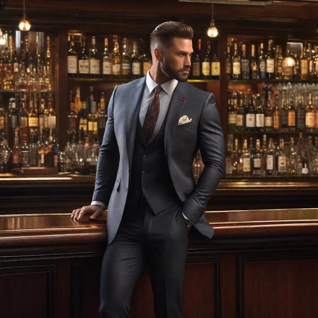  handsome male model in a suit standing next to a bar, realistic, portrait, art by donato giancola and greg rutkowski, realistic face, digital art, trending on artstation hyperrealistic, full body, detailed clothing, highly detailed, cinematic lighting, stunningly beautiful, intricate, sharp focus, f/1. 8, 85mm, (centered image composition), (professionally color graded), ((bright soft diffused light)), volumetric fog, trending on instagram, trending on tumblr, HDR 4K, 8K