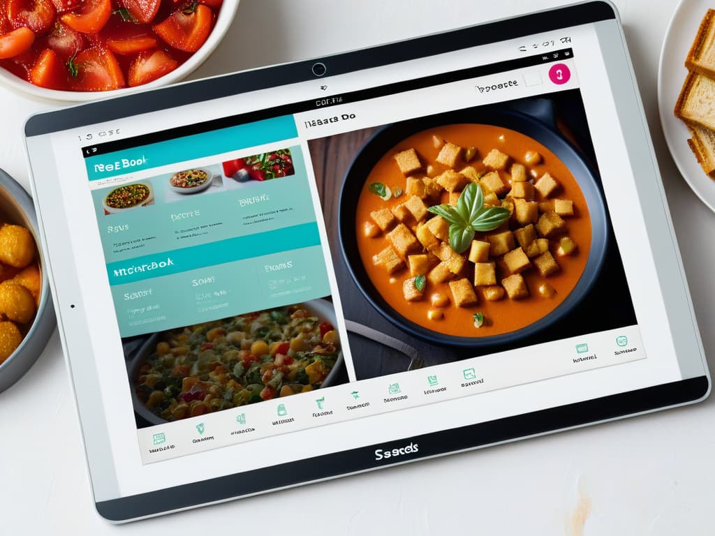  A closeup, highresolution image of a sleek, modern tablet displaying a beautifully designed digital recipe book interface. The screen shows vibrant images of various dishes, neatly organized sections for appetizers, mains, and desserts, with elegant typography and intuitive navigation icons. The overall aesthetic is clean, sophisticated, and inviting, providing a visually appealing glimpse into the world of digital recipe creation. hyperrealistic, full body, detailed clothing, highly detailed, cinematic lighting, stunningly beautiful, intricate, sharp focus, f/1. 8, 85mm, (centered image composition), (professionally color graded), ((bright soft diffused light)), volumetric fog, trending on instagram, trending on tumblr, HDR 4K, 8K