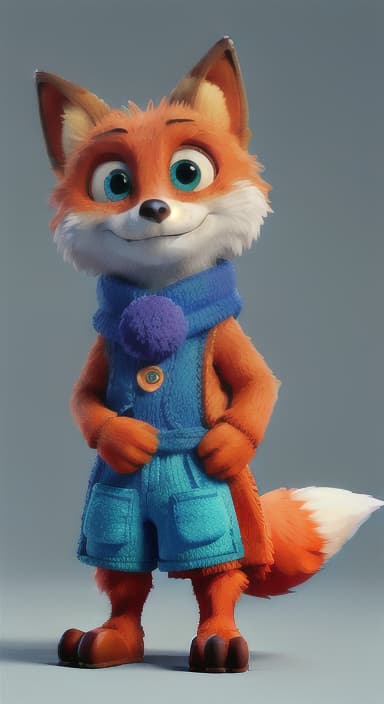  {Error the fox pressing the blue button with his paw, looking puzzled as nothing occurs., Error is a small, bright orange fox with a fluffy tail and big, inquisitive eyes. He has a mischievous yet kind expression and wears a tiny green scarf.