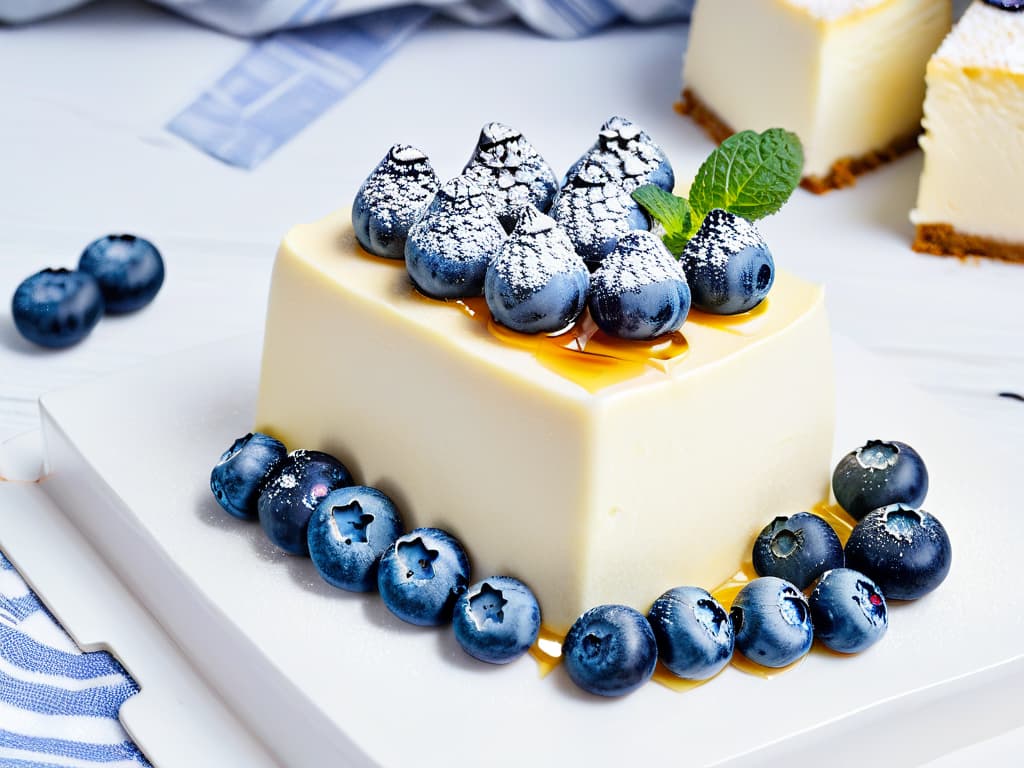  A closeup, highresolution image of a delicately plated slice of creamy cheesecake with a drizzle of honey on top, garnished with fresh blueberries and a sprig of mint. The focus is on the texture of the cheesecake, highlighting its velvety smoothness and rich appearance. The background is a soft, neutral color to enhance the minimalistic aesthetic, allowing the dessert to stand out as a visually appealing and appetizing treat. hyperrealistic, full body, detailed clothing, highly detailed, cinematic lighting, stunningly beautiful, intricate, sharp focus, f/1. 8, 85mm, (centered image composition), (professionally color graded), ((bright soft diffused light)), volumetric fog, trending on instagram, trending on tumblr, HDR 4K, 8K