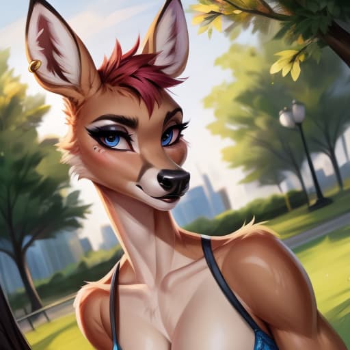  Deer, , gles, johnfoxart, park, best quality, best anatomy, , piercing, open eyes, digital art, masterpiece, 4k, fine details,