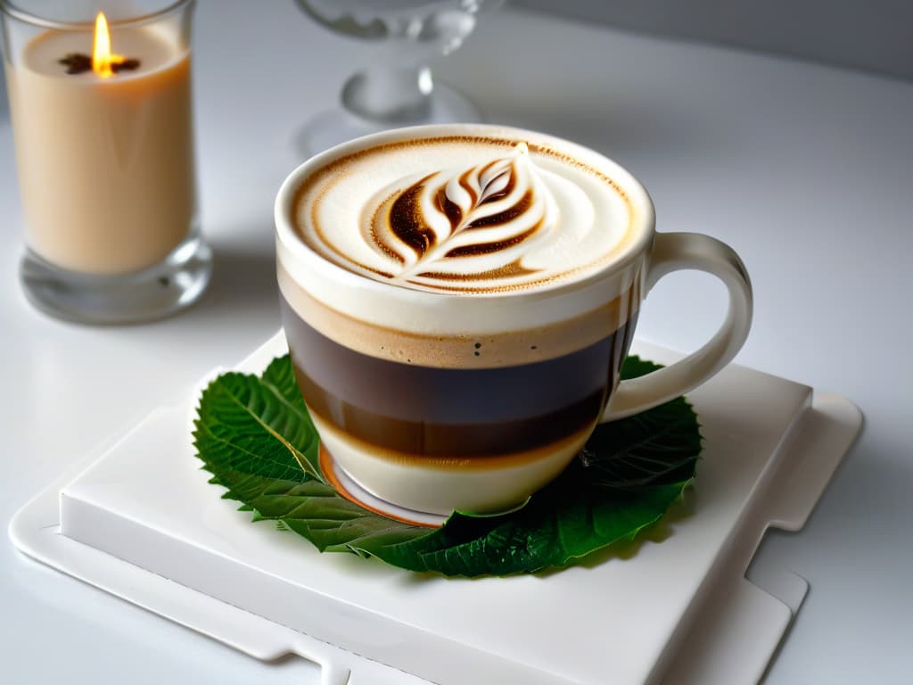  A closeup, ultradetailed image of a perfectly crafted espresso macchiato on a sleek, white saucer. The rich crema swirls beautifully with the steamed milk, showcasing layers of dark espresso against the pristine backdrop. The delicate coffee art atop the foam resembles a leaf, adding a touch of elegance to the scene. The glossy surface of the saucer reflects the soft lighting, highlighting the contrasting textures and inviting viewers to savor the sensory experience of the perfect cup of fair trade coffee. hyperrealistic, full body, detailed clothing, highly detailed, cinematic lighting, stunningly beautiful, intricate, sharp focus, f/1. 8, 85mm, (centered image composition), (professionally color graded), ((bright soft diffused light)), volumetric fog, trending on instagram, trending on tumblr, HDR 4K, 8K