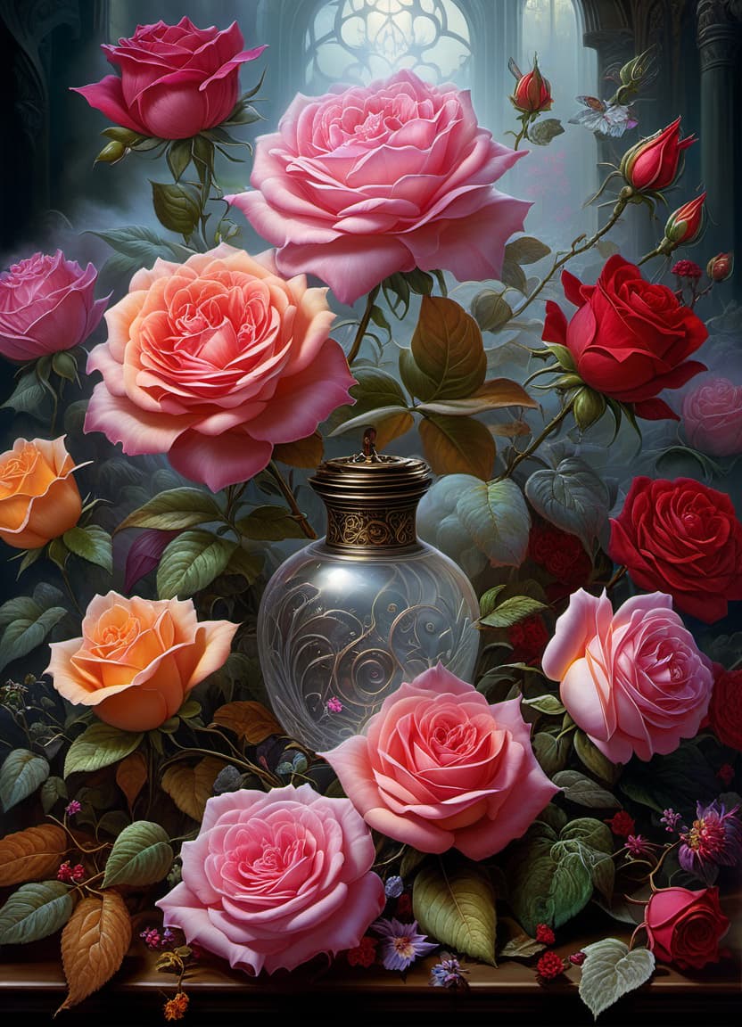  Oil painting. Ghost one rose, lush, fragrant:: luminous ornaments on petals and leaves:: Luminescence. Occult, Kabbalah. In a crystal clear flask:: Luminous. (Luminous symbols: 1,3). The background is surrealist abstractionism, fog from which emerge the intricate objects of a witch's workshop, patterns of herbs and flowers. Thin black curls of lines of magic and sorcery: fractal like gradients. Stylistics: neo rococo, fantasy abstraction, steampunk. In the manner of Andrew Jones, Fragonard, Jacek Jerka, Mark Keatley, James Christensen. High quality. hyperrealistic, full body, detailed clothing, highly detailed, cinematic lighting, stunningly beautiful, intricate, sharp focus, f/1. 8, 85mm, (centered image composition), (professionally color graded), ((bright soft diffused light)), volumetric fog, trending on instagram, trending on tumblr, HDR 4K, 8K