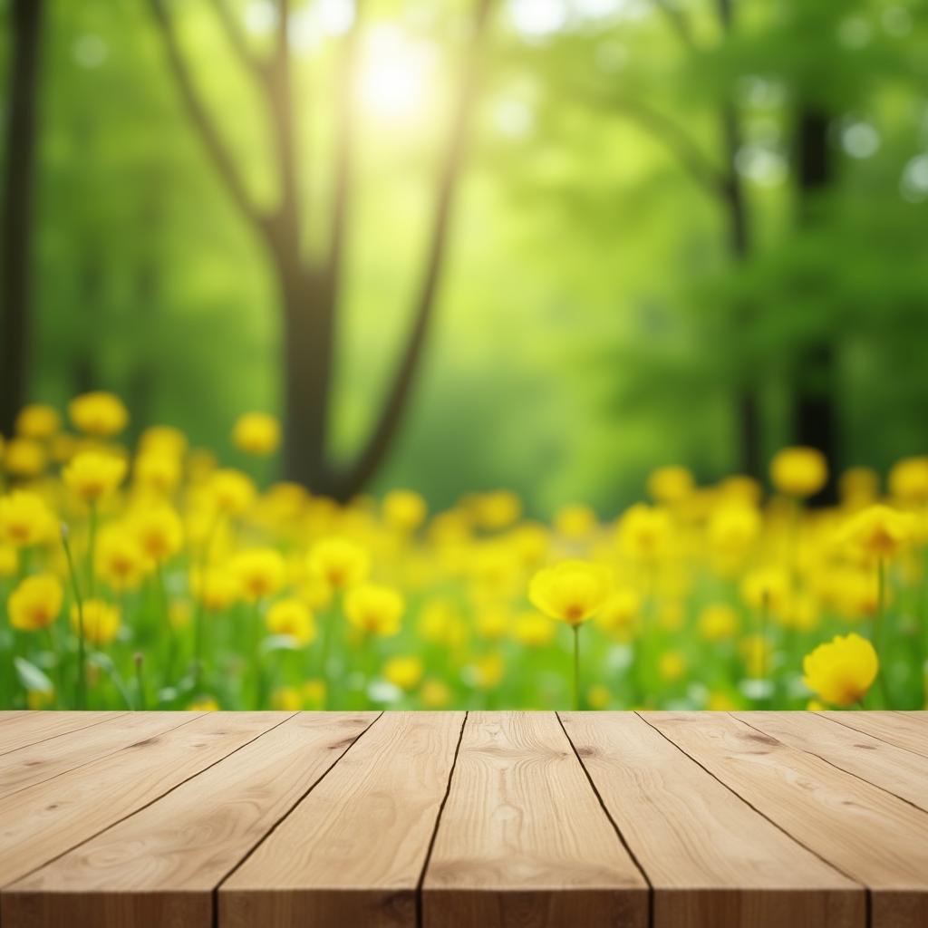  good quality, high quality, wooden tabletop with blurred garden background of green trees and yellow flowers