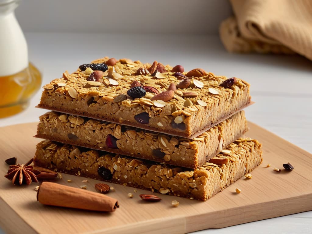  A closeup, ultradetailed image of a freshly baked batch of granola bars, sprinkled with warm autumn spices like cinnamon, nutmeg, and cloves. The bars are perfectly golden brown with a slightly crispy exterior, emitting a tantalizing aroma that evokes feelings of coziness and comfort. Each bar is neatly cut into rectangular portions, showcasing the crunchy texture and wholesome ingredients like oats, nuts, and dried fruits. The lighting is soft, casting gentle shadows that highlight the rich colors and textures of the bars, making them appear irresistibly delicious and inviting. hyperrealistic, full body, detailed clothing, highly detailed, cinematic lighting, stunningly beautiful, intricate, sharp focus, f/1. 8, 85mm, (centered image composition), (professionally color graded), ((bright soft diffused light)), volumetric fog, trending on instagram, trending on tumblr, HDR 4K, 8K