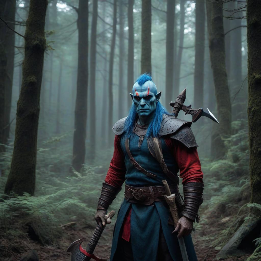  macabre style forest, half human half orc, red stripe on face, scars all over body, red eyes, blue hair, holds two handed axe high. . dark, gothic, grim, haunting, highly detailed hyperrealistic, full body, detailed clothing, highly detailed, cinematic lighting, stunningly beautiful, intricate, sharp focus, f/1. 8, 85mm, (centered image composition), (professionally color graded), ((bright soft diffused light)), volumetric fog, trending on instagram, trending on tumblr, HDR 4K, 8K