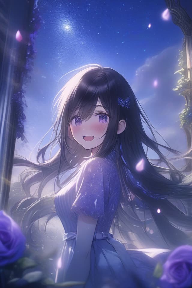  insanely detailed,hyper detailed,ultra detailed,detailed,high quality,absurdres,highres,a girl,happy,laughing,closed mouth,streaming tears,standing,looking to the side,very long hair,hime cut,black hair,purple eyes,with tears in eyes,fair skin,short,slim,black princess dress,ribbon,in the colorful rose garden,with a starry sky,at night,beautiful,fantasy,upper body,from side,ground level shot,dust effect,blue hues