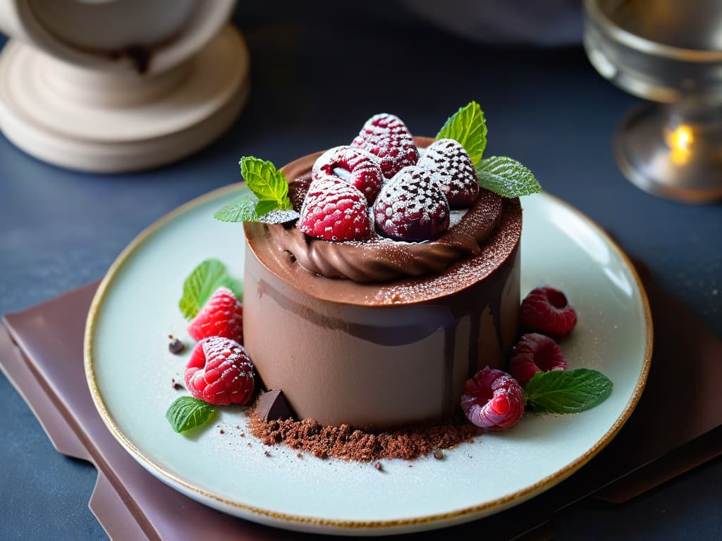  A highresolution, ultradetailed image of a beautifully plated vegan chocolate mousse garnished with fresh raspberries and mint leaves. The mousse is perfectly smooth and creamy, with a glossy finish that reflects the light. The raspberries are vibrant red, contrasting against the dark chocolate, and the mint leaves add a pop of green to the composition. The plate itself is simple and elegant, allowing the dessert to be the focal point of the image. hyperrealistic, full body, detailed clothing, highly detailed, cinematic lighting, stunningly beautiful, intricate, sharp focus, f/1. 8, 85mm, (centered image composition), (professionally color graded), ((bright soft diffused light)), volumetric fog, trending on instagram, trending on tumblr, HDR 4K, 8K