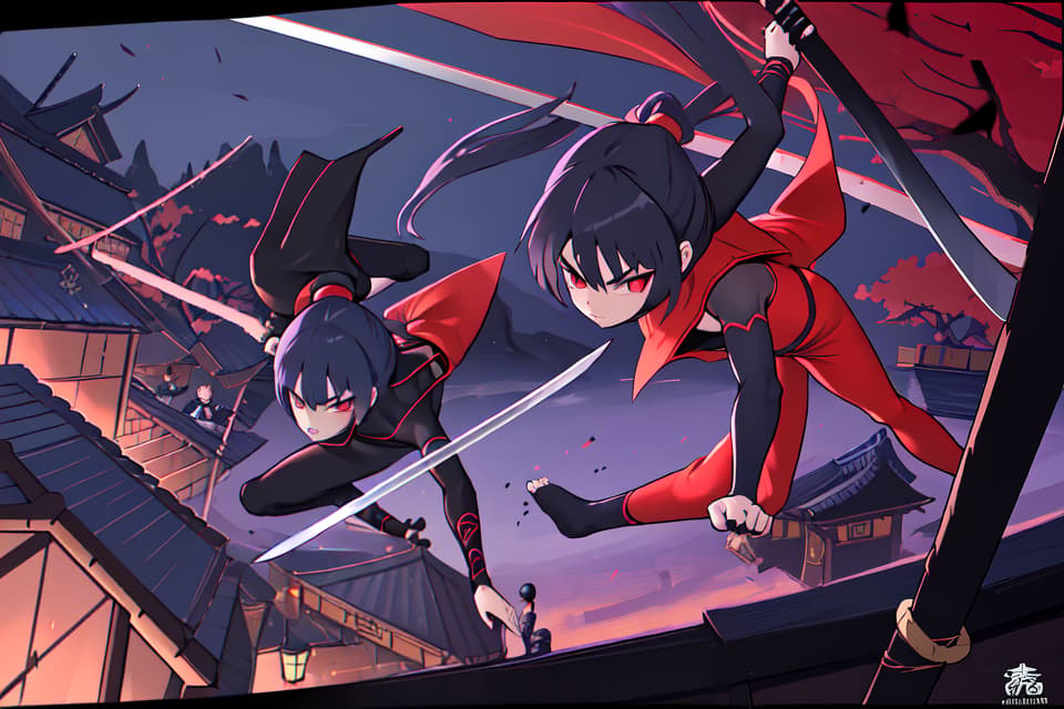  Ninja, acrobat, dynamism, high angle, acrobatic, ninjutsu, sword, tension, night, detail