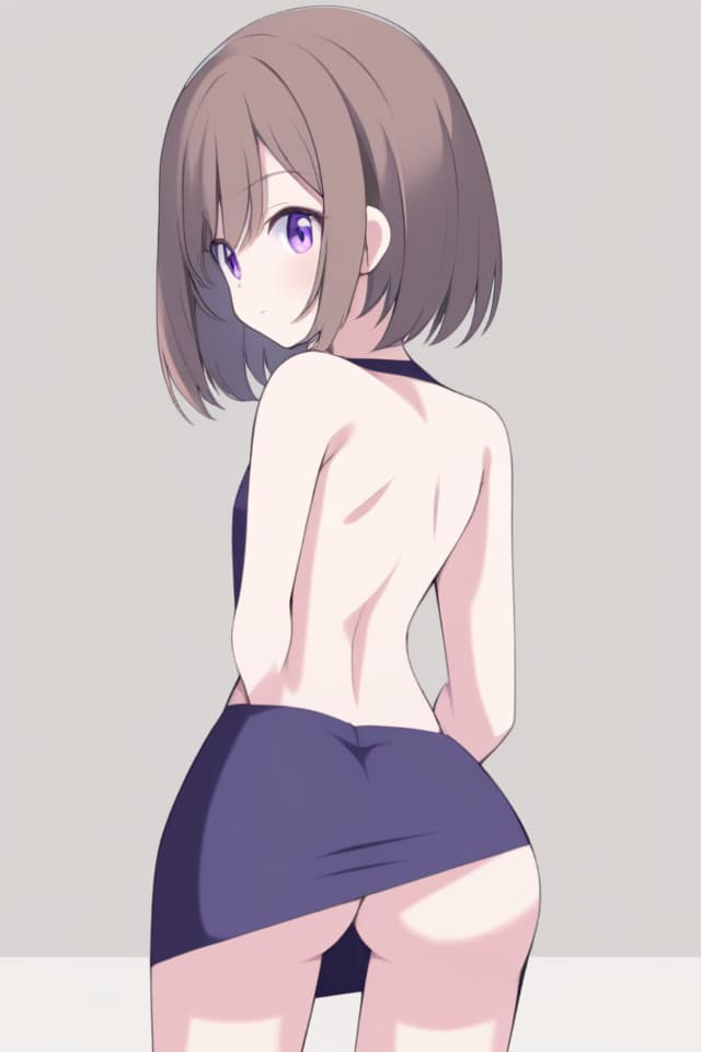  Cute , bob cut, brown hair, purple eyes, big s, from behind