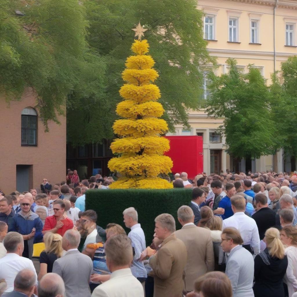  A crowd of people on St. Petersburg Street looks puzzled vertically upwards.