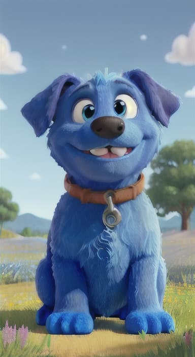  {A happy, big blue dog wagging its tail in a colorful meadow, The big blue dog is large with sky blue fur, big round eyes, a black nose, and floppy ears.