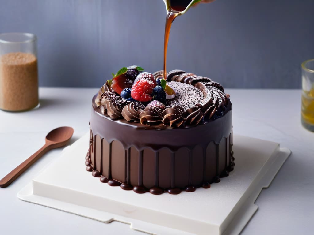  An image of a smooth, velvety vegan chocolate ganache being poured over a decadent chocolate cake, showcasing the glossy finish and luxurious texture of the dessert. The deep brown color of the ganache contrasts beautifully with the rich, dark cake, creating a visually striking and appetizing composition. The pouring action captures a moment of indulgence and culinary artistry, appealing to the senses and evoking a sense of decadence and sophistication in vegan dessert making. hyperrealistic, full body, detailed clothing, highly detailed, cinematic lighting, stunningly beautiful, intricate, sharp focus, f/1. 8, 85mm, (centered image composition), (professionally color graded), ((bright soft diffused light)), volumetric fog, trending on instagram, trending on tumblr, HDR 4K, 8K