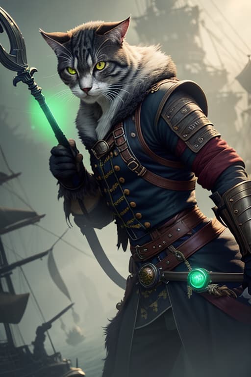  a cinematic shot of a pirate cat and holding a green glowing spear and a shield, fantasy jungle in background, reflective light, hkstyle, HD, masterpiece, best quality, hyper detailed, ultra detailed, super realistic hyperrealistic, full body, detailed clothing, highly detailed, cinematic lighting, stunningly beautiful, intricate, sharp focus, f/1. 8, 85mm, (centered image composition), (professionally color graded), ((bright soft diffused light)), volumetric fog, trending on instagram, trending on tumblr, HDR 4K, 8K