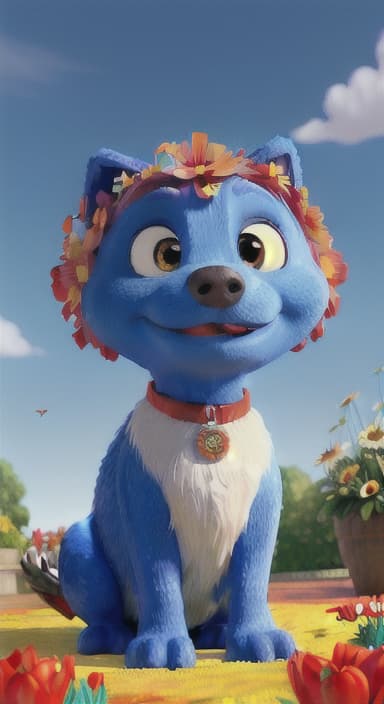  {The red ball nestled in a bed of colorful flowers like daisies and tulips, The big blue dog is large with sky blue fur, big round eyes, a black nose, and floppy ears.