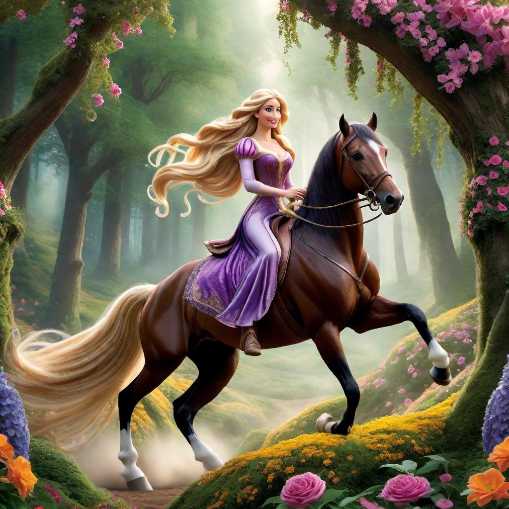  Create an image of Rapunzel riding a majestic horse through a magical forest. Rapunzel is shown with long, flowing hair and a sense of freedom and adventure on her face. The horse is elegant and powerful, galloping gracefully among tall trees and colorful flowers. hyperrealistic, full body, detailed clothing, highly detailed, cinematic lighting, stunningly beautiful, intricate, sharp focus, f/1. 8, 85mm, (centered image composition), (professionally color graded), ((bright soft diffused light)), volumetric fog, trending on instagram, trending on tumblr, HDR 4K, 8K