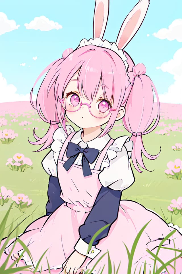  Twin tails, pink hair, rabbit ears, glasses, maid clothes, grasslands, blue sky