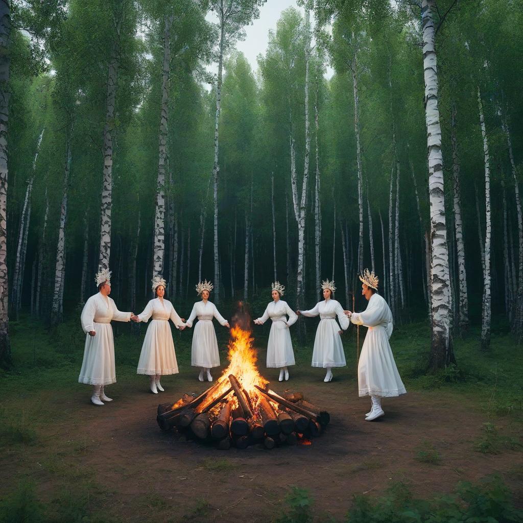  pixel art Album cover of a musical single, surrealism, square format, tiny people dance and jump over a bonfire while wearing Russian white folk costumes and wearing wreaths on their heads, against a backdrop of birch trees, summer, night, Ivan Kupala festival. Информация по заявке: необходим перевод текста на английский язык, сохраняя пунктуацию, без необходимости уточнять смысл фраз. . low res, blocky, pixel art style, 8 bit graphics hyperrealistic, full body, detailed clothing, highly detailed, cinematic lighting, stunningly beautiful, intricate, sharp focus, f/1. 8, 85mm, (centered image composition), (professionally color graded), ((bright soft diffused light)), volumetric fog, trending on instagram, trending on tumblr, HDR 4K, 8K