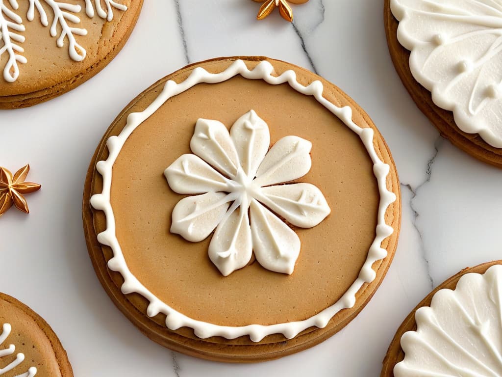  A closeup, ultradetailed image of a perfectly baked gingerbread cookie, decorated with intricate white icing in a delicate snowflake pattern. The cookie rests on a pristine white marble countertop, with subtle natural light illuminating its goldenbrown hue and the precision of the icing design. Every detail, from the delicate cracks on the cookie's surface to the shimmer of the sugar sprinkles, is crystal clear and inviting. hyperrealistic, full body, detailed clothing, highly detailed, cinematic lighting, stunningly beautiful, intricate, sharp focus, f/1. 8, 85mm, (centered image composition), (professionally color graded), ((bright soft diffused light)), volumetric fog, trending on instagram, trending on tumblr, HDR 4K, 8K