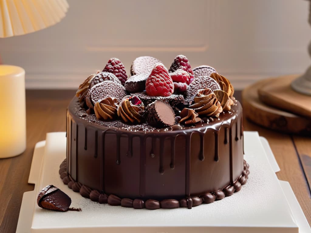  A closeup, ultradetailed image of a rich, velvety dark chocolate ganache being elegantly drizzled over a decadent, perfectly moist chocolate cake, showcasing the glossy sheen of the ganache against the deep, dark color of the cake. The cake is adorned with a sprinkling of finely chopped raw cacao nibs, and a few vibrant, fresh raspberries are delicately placed on top as a pop of color, adding a touch of elegance and sophistication to the overall composition. The background is softly blurred to keep the focus solely on the intricate details of the cake and ganache, creating a visually striking and mouthwatering scene that perfectly captures the essence of indulgent yet healthy chocolate desserts. hyperrealistic, full body, detailed clothing, highly detailed, cinematic lighting, stunningly beautiful, intricate, sharp focus, f/1. 8, 85mm, (centered image composition), (professionally color graded), ((bright soft diffused light)), volumetric fog, trending on instagram, trending on tumblr, HDR 4K, 8K