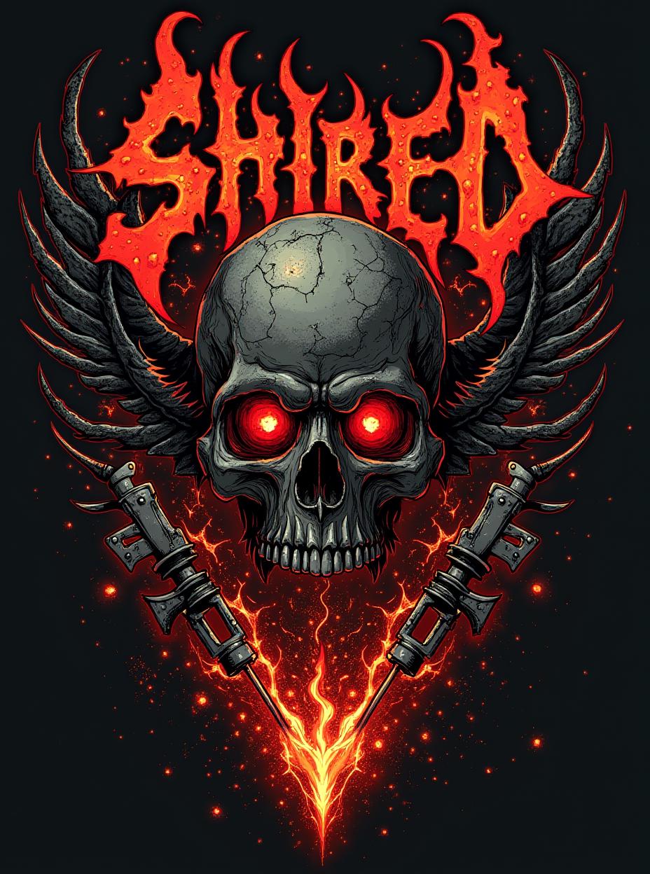  good quality, high quality, death metal shirt design. there are designs related to metal music. fire and abstract shapes. organs are strewn about. the letters "shred on top of the design