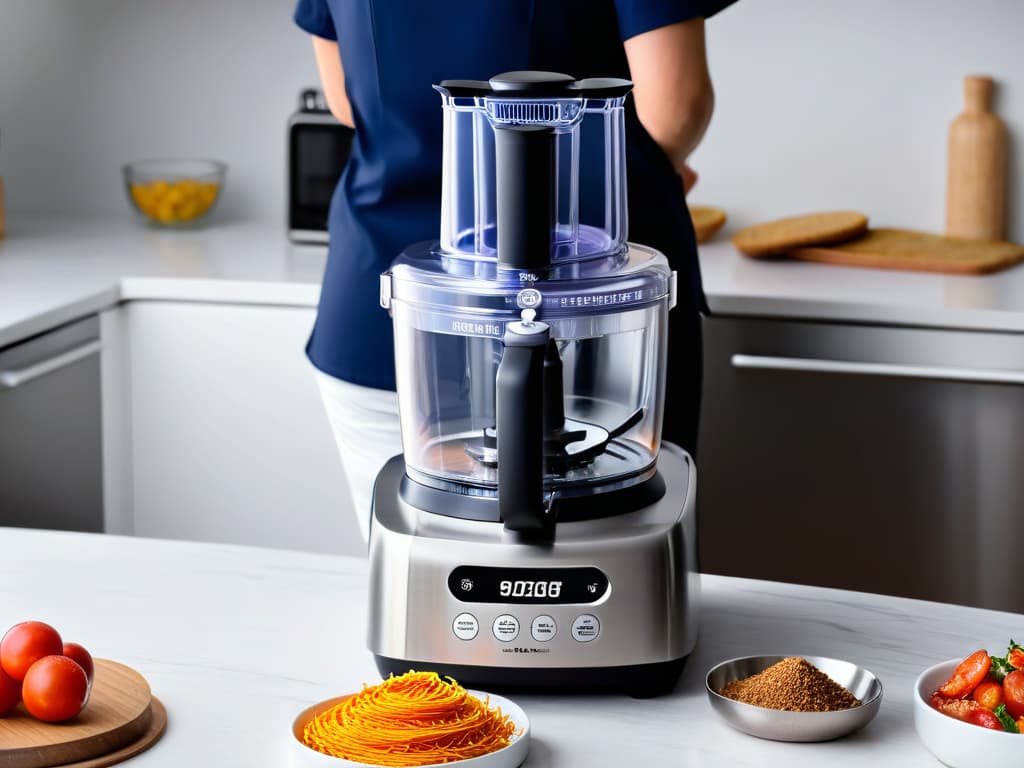  A closeup, ultradetailed image of a sleek, modern food processor with a shiny stainless steel finish, capturing the intricate blades and buttons with precision. The image showcases the appliance in a minimalist, elegant setting with soft lighting to emphasize its professional and highquality features, perfect for a baking enthusiast seeking the best tool for their kitchen. hyperrealistic, full body, detailed clothing, highly detailed, cinematic lighting, stunningly beautiful, intricate, sharp focus, f/1. 8, 85mm, (centered image composition), (professionally color graded), ((bright soft diffused light)), volumetric fog, trending on instagram, trending on tumblr, HDR 4K, 8K