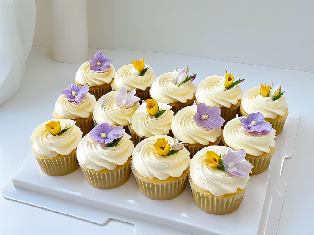  A minimalistic image of a pristine white kitchen counter showcasing an array of meticulously decorated cupcakes in pastel colors, each with intricate frosting designs like delicate flowers and elegant swirls. The cupcakes are neatly arranged on a sleek marble serving tray, surrounded by scattered pastelhued edible flowers and gold dust sprinkles. The soft natural light filtering through a nearby window highlights the exquisite details and craftsmanship of the confectionary creations, evoking a sense of precision and artistry in pastry making. hyperrealistic, full body, detailed clothing, highly detailed, cinematic lighting, stunningly beautiful, intricate, sharp focus, f/1. 8, 85mm, (centered image composition), (professionally color graded), ((bright soft diffused light)), volumetric fog, trending on instagram, trending on tumblr, HDR 4K, 8K