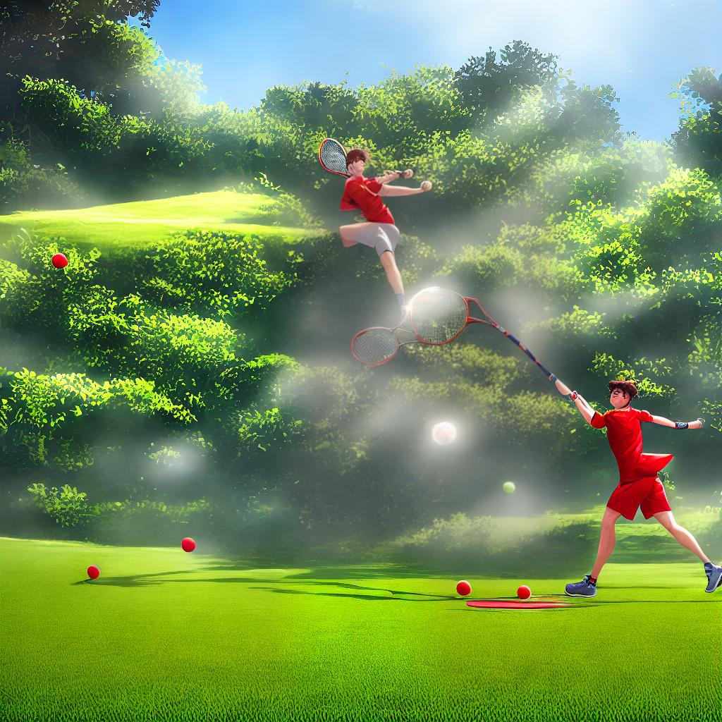  A boy enjoying a game of tennis under the bright sun, ((red tennis racket)), (colorful tennis balls), (lush green grass court), (((best quality))), 8k, high detailed, ultra-detailed. hyperrealistic, full body, detailed clothing, highly detailed, cinematic lighting, stunningly beautiful, intricate, sharp focus, f/1. 8, 85mm, (centered image composition), (professionally color graded), ((bright soft diffused light)), volumetric fog, trending on instagram, trending on tumblr, HDR 4K, 8K