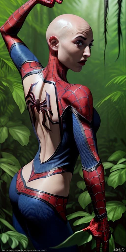  bald-girl, in a spider-man costume, with her back, in the jungle