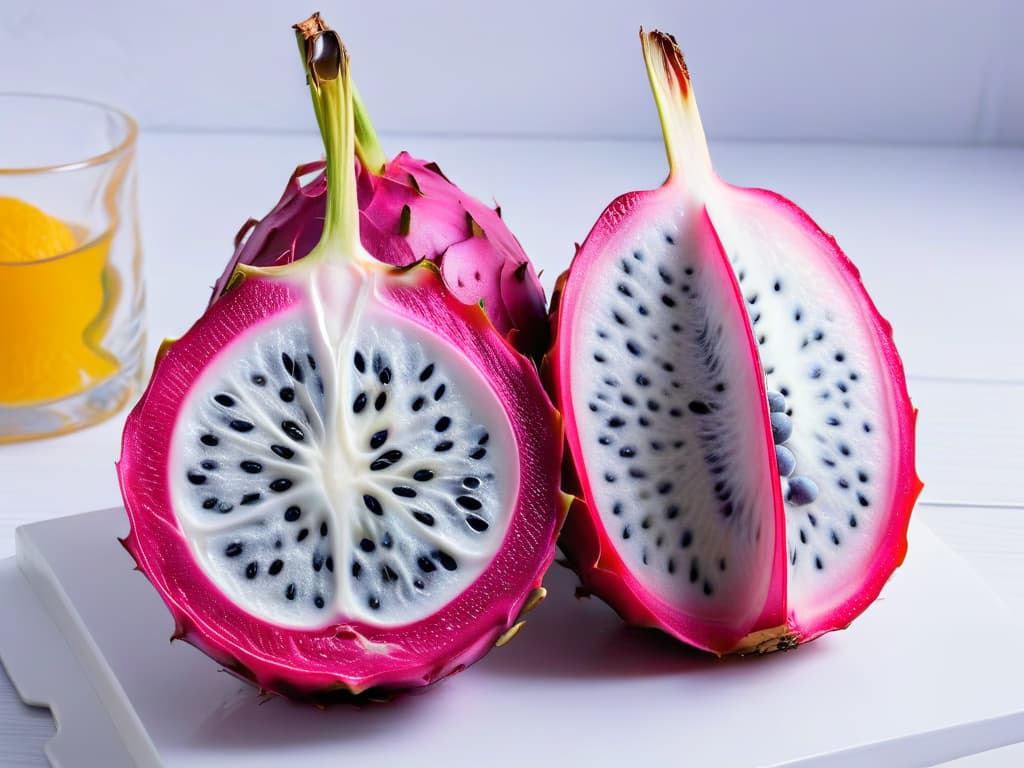  An ultradetailed closeup image of a vibrant purple dragon fruit, perfectly sliced in half to reveal its white and speckled black seeds, set against a stark white background, showcasing its exotic and unique appearance, ideal for conveying the essence of exotic ingredients in gourmet baking. hyperrealistic, full body, detailed clothing, highly detailed, cinematic lighting, stunningly beautiful, intricate, sharp focus, f/1. 8, 85mm, (centered image composition), (professionally color graded), ((bright soft diffused light)), volumetric fog, trending on instagram, trending on tumblr, HDR 4K, 8K