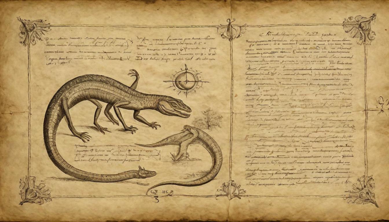  on parchment, surrealism++, Reptilian figure presenting a daily plan, individual nodding in agreement, mutual respect, collaboration(mysterious, provocative, symbolic)++