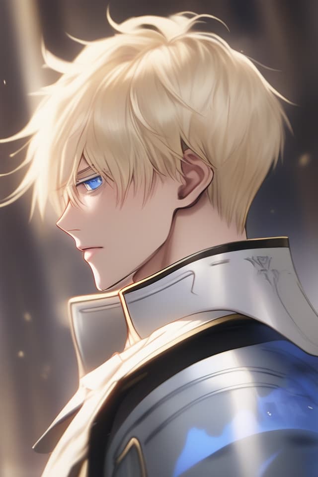  (Close up the upper body) (Illustration for one blonde man), (the hair is all back) Masterpiece, Holy Knight, Handsome, Blue Eye Color, (WHITISH BLONDE HAIR) side Cropped) (All Back Haircut)} (Expressionless) Wearing White Knight's Outfit, High Quality, 8k