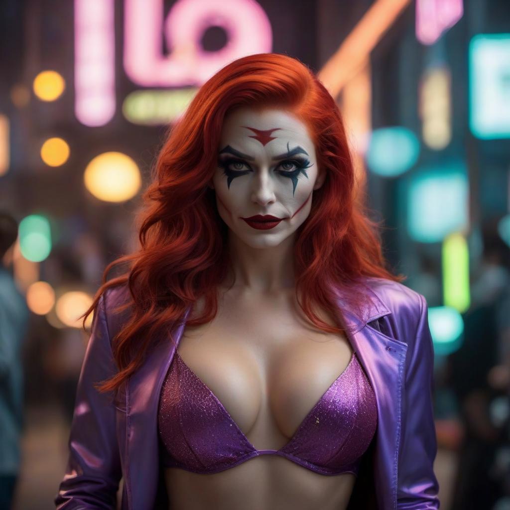  a woman with very red hair is very beautiful standing in neon glowing clothes half naked with joker makeup from the movie Joker hyperrealistic, full body, detailed clothing, highly detailed, cinematic lighting, stunningly beautiful, intricate, sharp focus, f/1. 8, 85mm, (centered image composition), (professionally color graded), ((bright soft diffused light)), volumetric fog, trending on instagram, trending on tumblr, HDR 4K, 8K