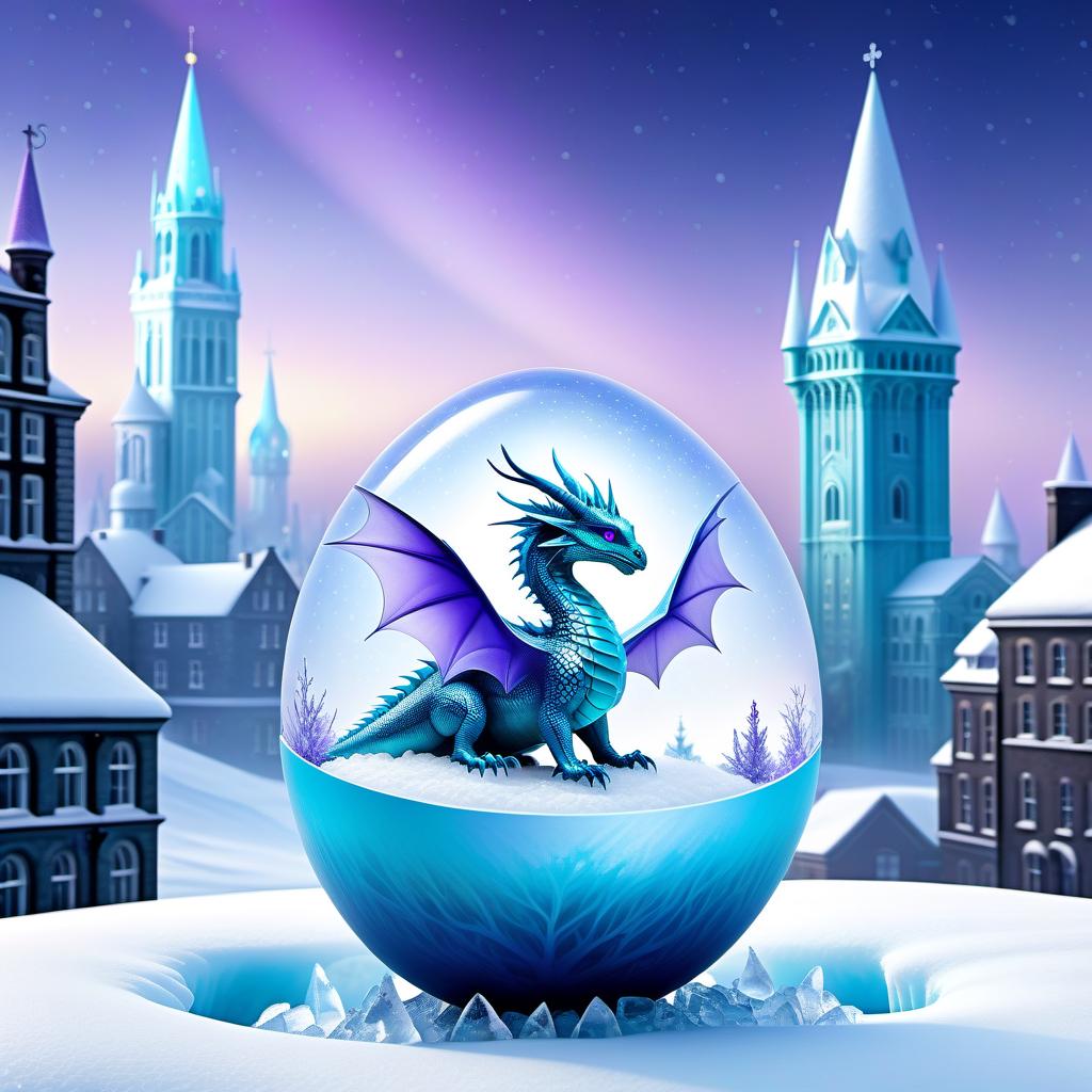  metropolis themed A small fiery dragon with turquoise blue eyes and lilac purple wings sits in a cracked egg among the polar ice and looks at an elegant white and cream snowflake. (Cracked egg):pastel colours from pale blue to pearlescent with blue streaks of ice. (Background):polar night, northern lights, falling snowflakes. . urban, cityscape, skyscrapers, modern, futuristic, highly detailed hyperrealistic, full body, detailed clothing, highly detailed, cinematic lighting, stunningly beautiful, intricate, sharp focus, f/1. 8, 85mm, (centered image composition), (professionally color graded), ((bright soft diffused light)), volumetric fog, trending on instagram, trending on tumblr, HDR 4K, 8K