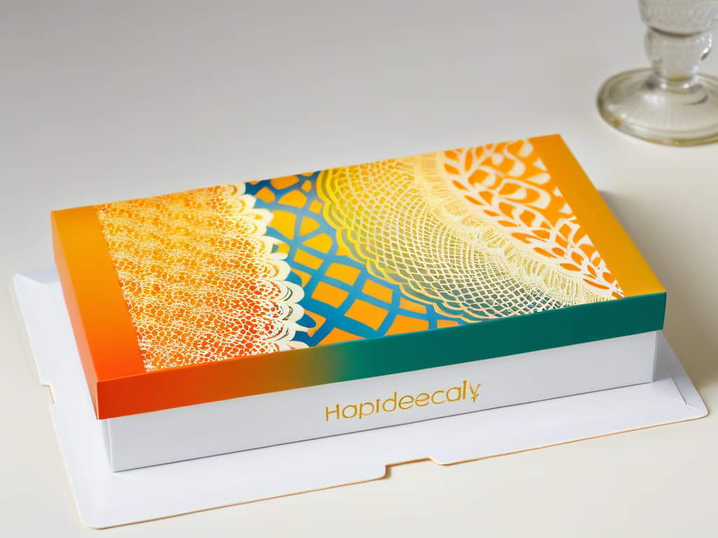  A highresolution closeup image of a beautifully designed thematic dessert packaging featuring intricate patterns and vibrant colors. The packaging should be sleek and modern, showcasing attention to detail and creativity in the thematic elements incorporated. The focus is on the visual appeal and artistic aspects of the packaging that evoke a sense of luxury and uniqueness in dessert merchandising. hyperrealistic, full body, detailed clothing, highly detailed, cinematic lighting, stunningly beautiful, intricate, sharp focus, f/1. 8, 85mm, (centered image composition), (professionally color graded), ((bright soft diffused light)), volumetric fog, trending on instagram, trending on tumblr, HDR 4K, 8K