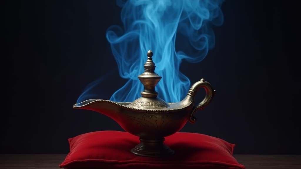  good quality, high quality, genie's magic lamp emitting blue smoke standing on a red pillow