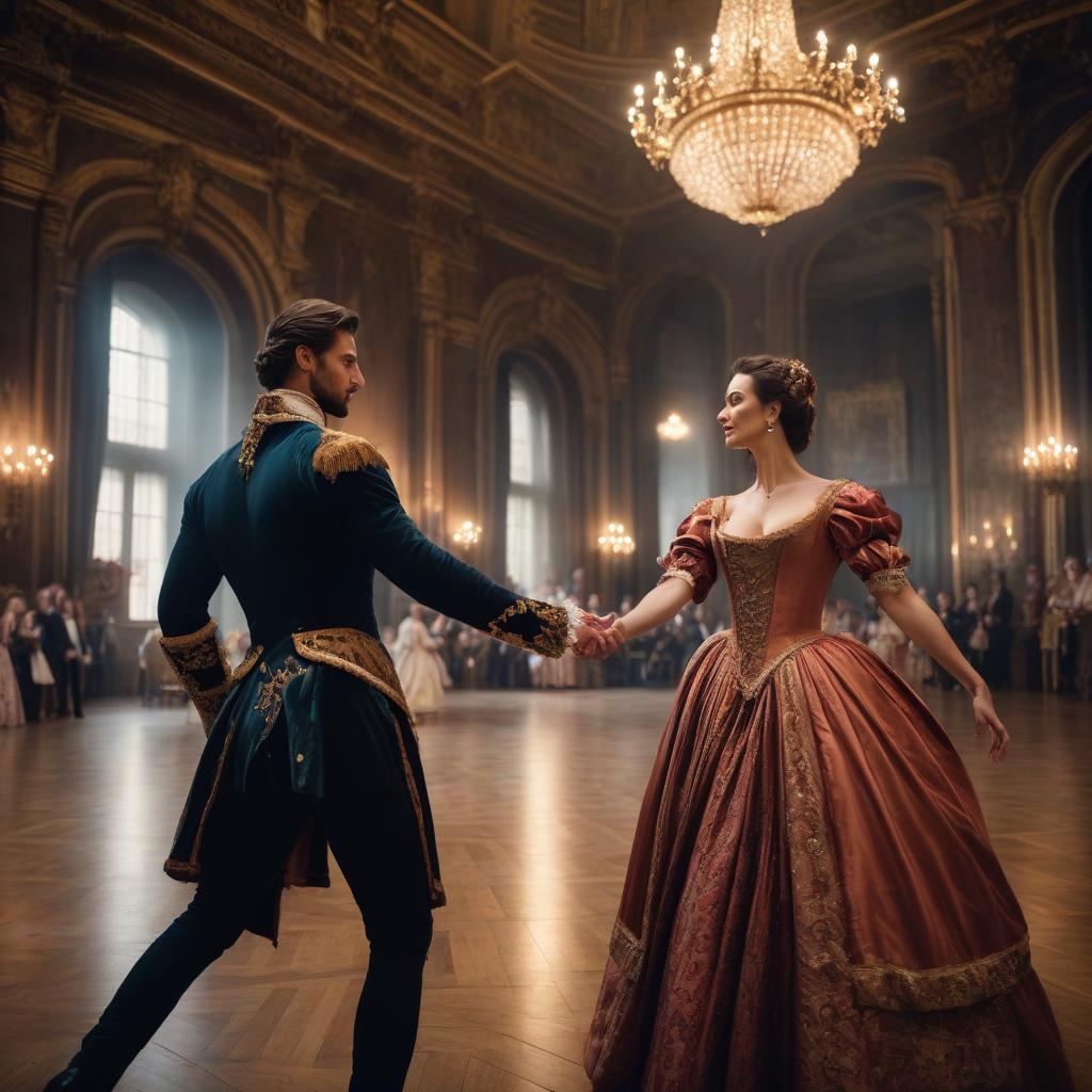  cinematic film still A young perky couple moves in a fast dance, in Baroque and Renaissance clothes on the parquet of a large hall with high ceilings, a man circles his partner, taking her in his arms. Around the guests are chatting and admiring this couple. The focus is on the couple's faces and hands. . shallow depth of field, vignette, highly detailed, high budget, bokeh, cinemascope, moody, epic, gorgeous, film grain, grainy hyperrealistic, full body, detailed clothing, highly detailed, cinematic lighting, stunningly beautiful, intricate, sharp focus, f/1. 8, 85mm, (centered image composition), (professionally color graded), ((bright soft diffused light)), volumetric fog, trending on instagram, trending on tumblr, HDR 4K, 8K