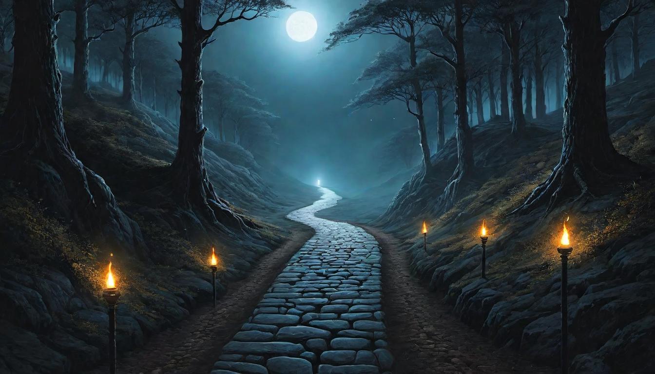  （surrealism)Spiritual path represented as a winding, illuminated road, dark hands reaching out attempting to grab it, destabilizing forces, tumultuous, challenging mystic, intricate details, best quality)