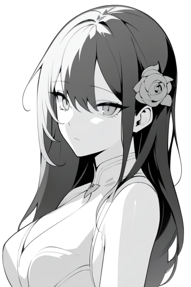  (masterpiece,best quakity;1.4),1girl,solo,black hair,long hair,grey eyes,formal dress,grey rose hair ornament,expressionless,simple background,portrait,(monochrome:1.2),